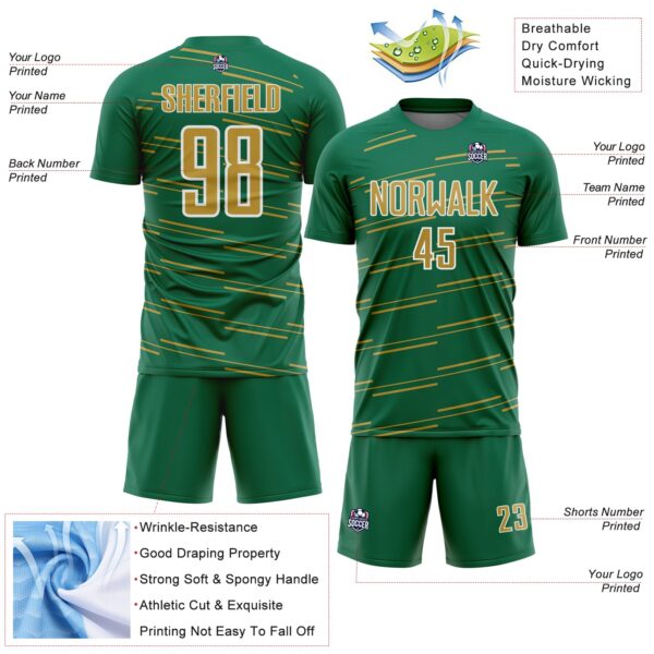 Custom Kelly Green Old Gold-White Diagonal Pinstripes Lines Sports Sublimation Soccer Uniform Jersey