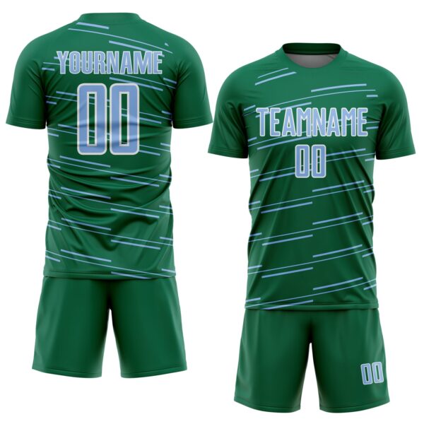 Custom Kelly Green Light Blue-White Diagonal Pinstripes Lines Sports Sublimation Soccer Uniform Jersey