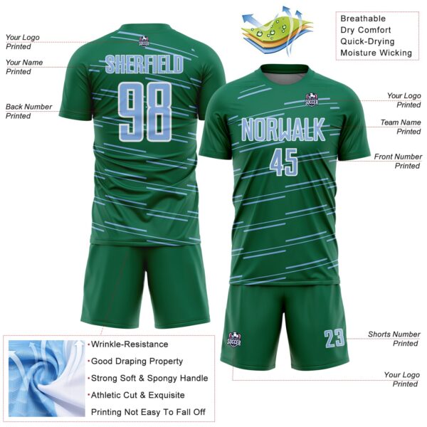Custom Kelly Green Light Blue-White Diagonal Pinstripes Lines Sports Sublimation Soccer Uniform Jersey