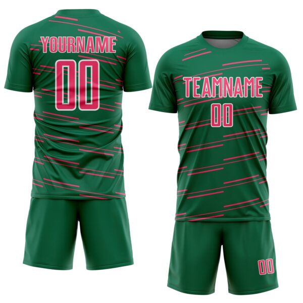 Custom Kelly Green Neon Pink-White Diagonal Pinstripes Lines Sports Sublimation Soccer Uniform Jersey