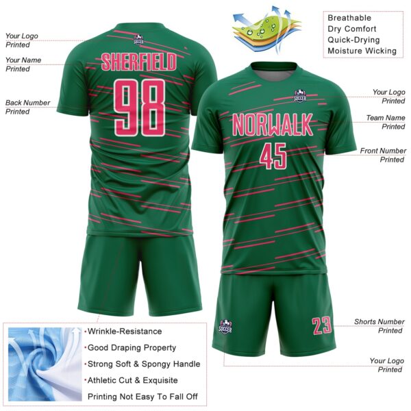 Custom Kelly Green Neon Pink-White Diagonal Pinstripes Lines Sports Sublimation Soccer Uniform Jersey