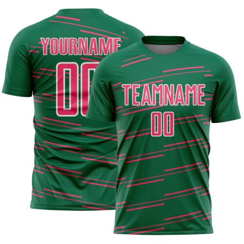Custom Kelly Green Neon Pink-White Diagonal Pinstripes Lines Sports Sublimation Soccer Uniform Jersey