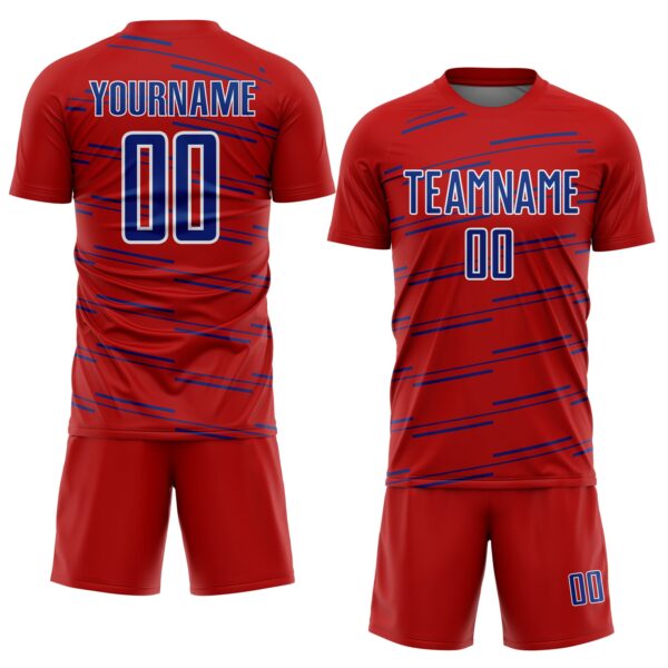 Custom Red Royal-White Diagonal Pinstripes Lines Sports Sublimation Soccer Uniform Jersey