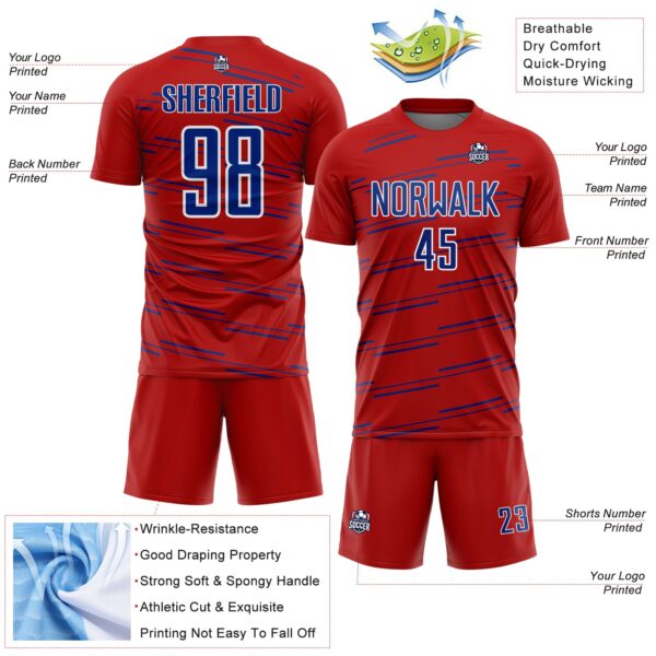 Custom Red Royal-White Diagonal Pinstripes Lines Sports Sublimation Soccer Uniform Jersey
