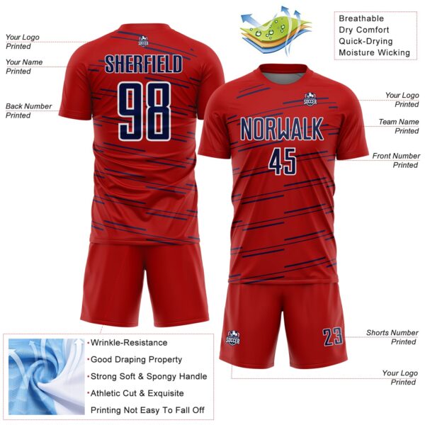 Custom Red Navy-White Diagonal Pinstripes Lines Sports Sublimation Soccer Uniform Jersey