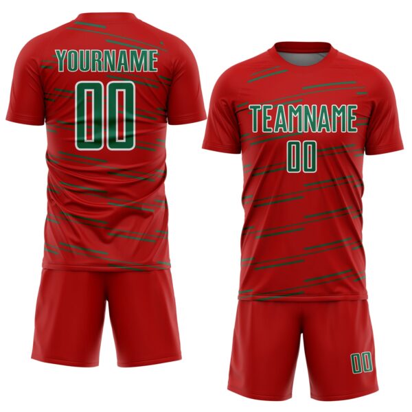 Custom Red Kelly Green-White Diagonal Pinstripes Lines Sports Sublimation Soccer Uniform Jersey