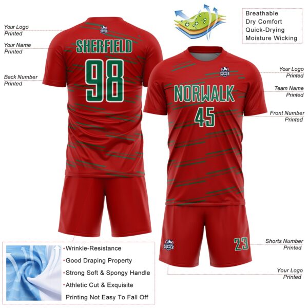 Custom Red Kelly Green-White Diagonal Pinstripes Lines Sports Sublimation Soccer Uniform Jersey