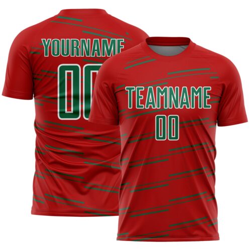Soccer7013 Custom Red Kelly Green-White Diagonal Pinstripes Lines Sports Sublimation Soccer Uniform Jersey