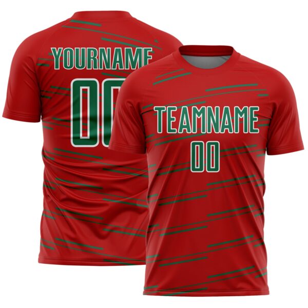 Custom Red Kelly Green-White Diagonal Pinstripes Lines Sports Sublimation Soccer Uniform Jersey