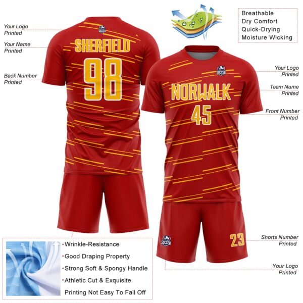 Custom Red Gold-White Diagonal Pinstripes Lines Sports Sublimation Soccer Uniform Jersey
