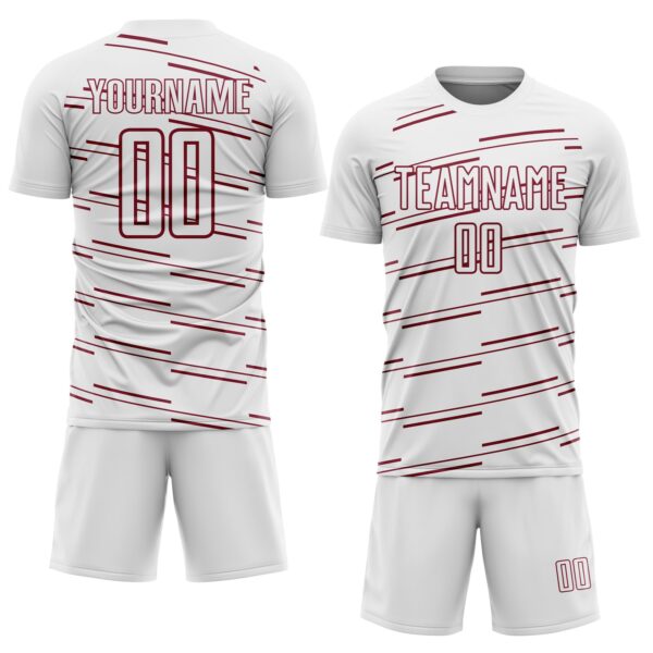 Custom White Crimson Diagonal Pinstripes Lines Sports Sublimation Soccer Uniform Jersey