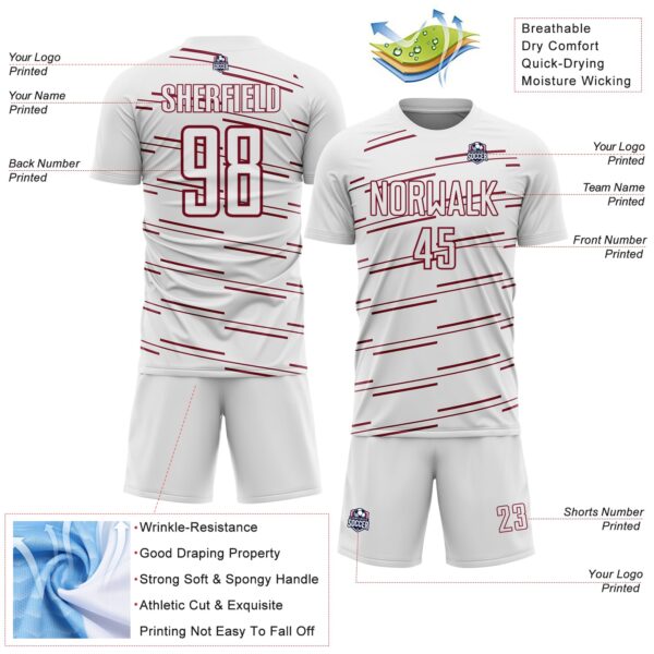 Custom White Crimson Diagonal Pinstripes Lines Sports Sublimation Soccer Uniform Jersey