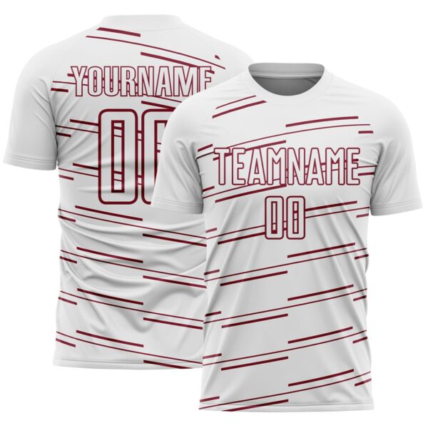 Custom White Crimson Diagonal Pinstripes Lines Sports Sublimation Soccer Uniform Jersey