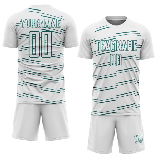 Custom White Teal Diagonal Pinstripes Lines Sports Sublimation Soccer Uniform Jersey