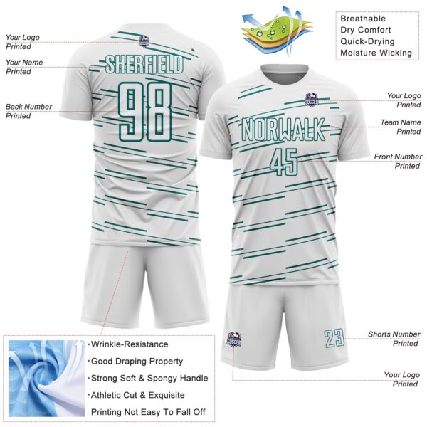 Custom White Teal Diagonal Pinstripes Lines Sports Sublimation Soccer Uniform Jersey