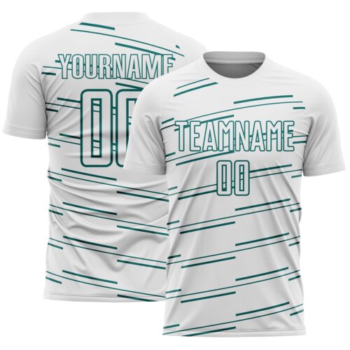 Soccer7016 Custom White Teal Diagonal Pinstripes Lines Sports Sublimation Soccer Uniform Jersey