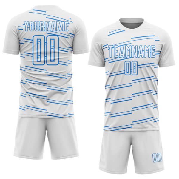 Custom White Powder Blue Diagonal Pinstripes Lines Sports Sublimation Soccer Uniform Jersey