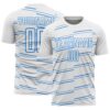 Custom White Powder Blue Diagonal Pinstripes Lines Sports Sublimation Soccer Uniform Jersey