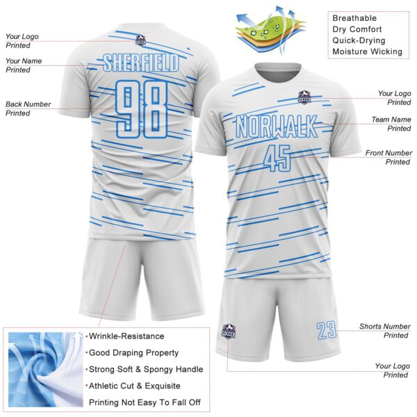 Custom White Powder Blue Diagonal Pinstripes Lines Sports Sublimation Soccer Uniform Jersey