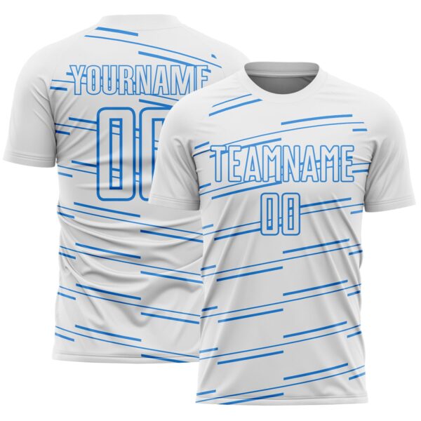 Custom White Powder Blue Diagonal Pinstripes Lines Sports Sublimation Soccer Uniform Jersey
