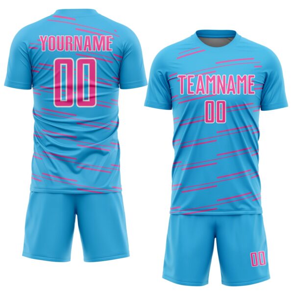 Custom Sky Blue Pink-White Diagonal Pinstripes Lines Sports Sublimation Soccer Uniform Jersey