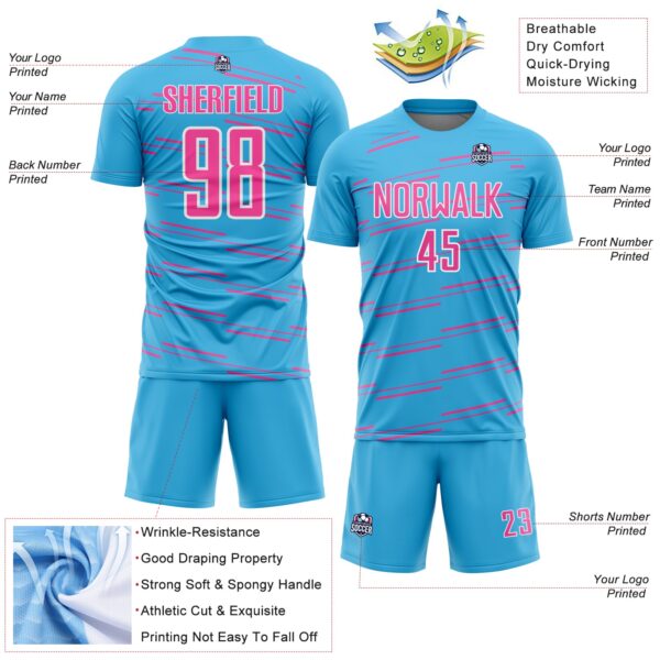 Custom Sky Blue Pink-White Diagonal Pinstripes Lines Sports Sublimation Soccer Uniform Jersey