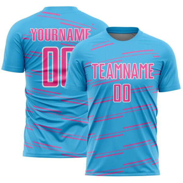 Custom Sky Blue Pink-White Diagonal Pinstripes Lines Sports Sublimation Soccer Uniform Jersey