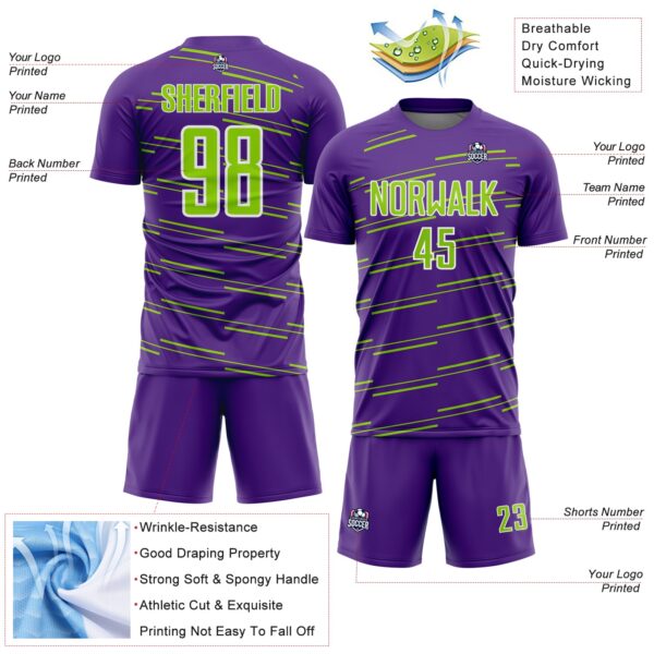 Custom Purple Neon Green-White Diagonal Pinstripes Lines Sports Sublimation Soccer Uniform Jersey