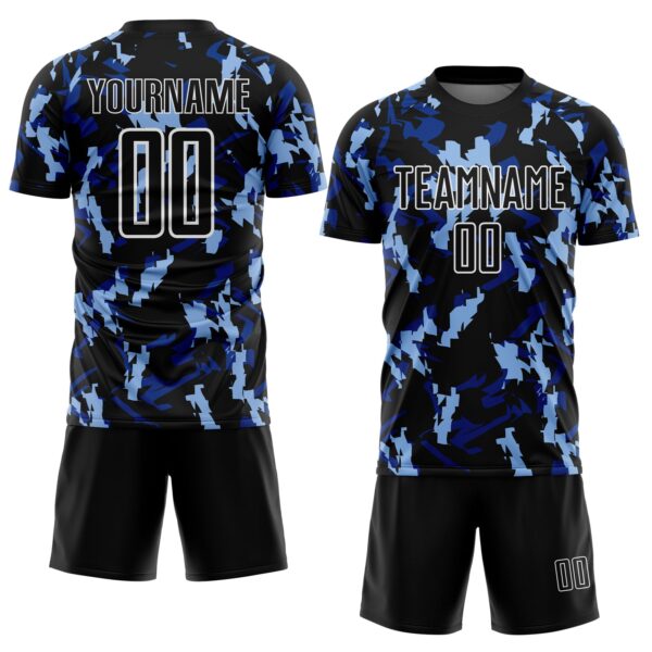 Custom Black White-Blue Geometric Camo Fragment Sports Sublimation Soccer Uniform Jersey