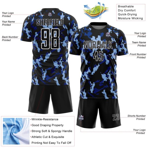 Custom Black White-Blue Geometric Camo Fragment Sports Sublimation Soccer Uniform Jersey