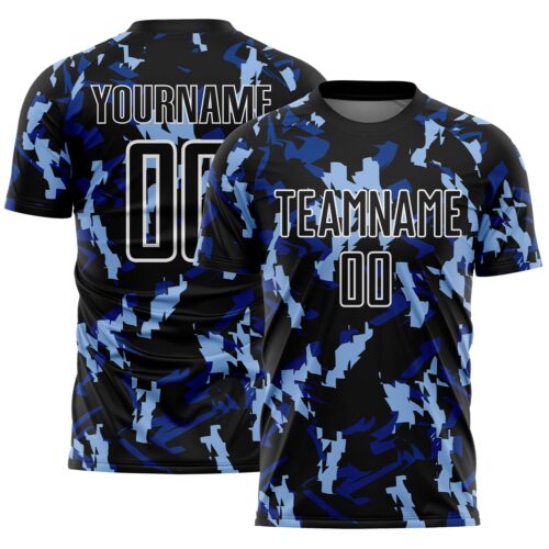 Custom Black White-Blue Geometric Camo Fragment Sports Sublimation Soccer Uniform Jersey