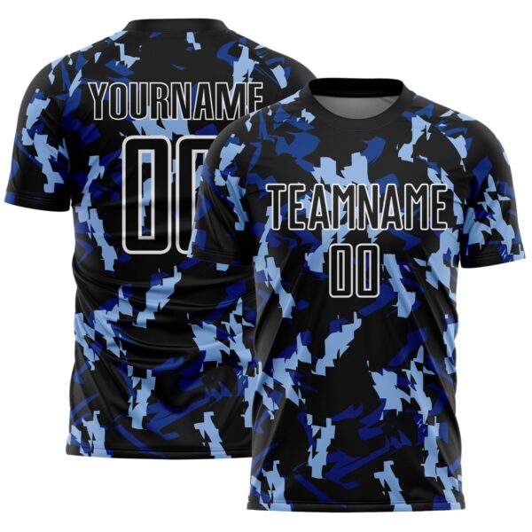 Custom Black White-Blue Geometric Camo Fragment Sports Sublimation Soccer Uniform Jersey