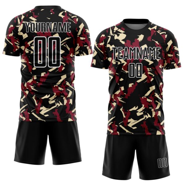 Custom Black White Crimson-Cream Geometric Camo Fragment Sports Sublimation Soccer Uniform Jersey
