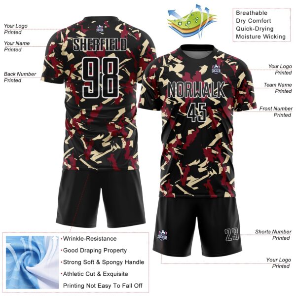 Custom Black White Crimson-Cream Geometric Camo Fragment Sports Sublimation Soccer Uniform Jersey