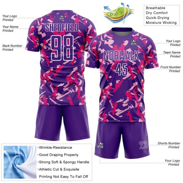Custom Purple White-Pink Geometric Camo Fragment Sports Sublimation Soccer Uniform Jersey