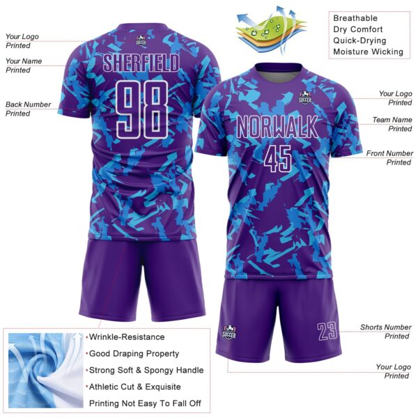 Custom Purple White-Blue Geometric Camo Fragment Sports Sublimation Soccer Uniform Jersey