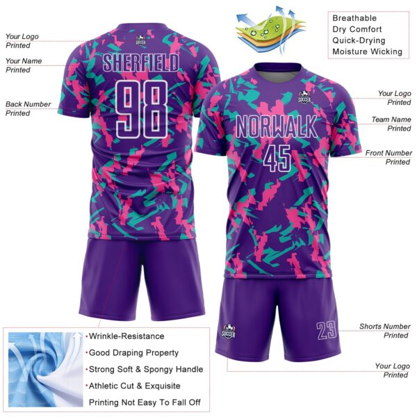 Custom Purple White Pink-Aqua Geometric Camo Fragment Sports Sublimation Soccer Uniform Jersey