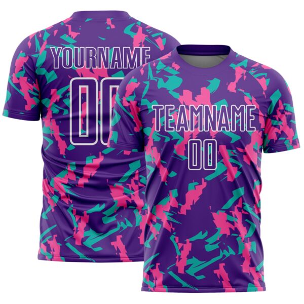 Custom Purple White Pink-Aqua Geometric Camo Fragment Sports Sublimation Soccer Uniform Jersey