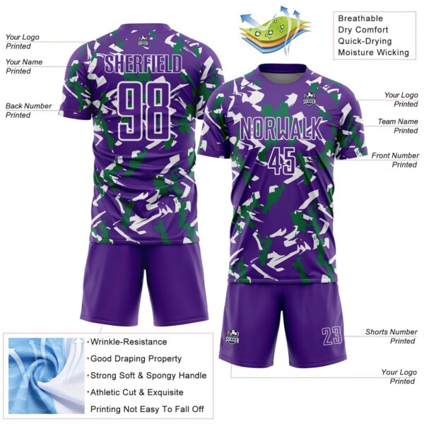 Custom Purple White-Kelly Green Geometric Camo Fragment Sports Sublimation Soccer Uniform Jersey
