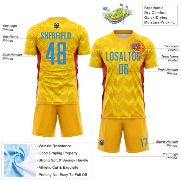 Custom Gold Powder Blue Red-Light Yellow Colombia Zigzag Pattern Sublimation Soccer Uniform Jersey