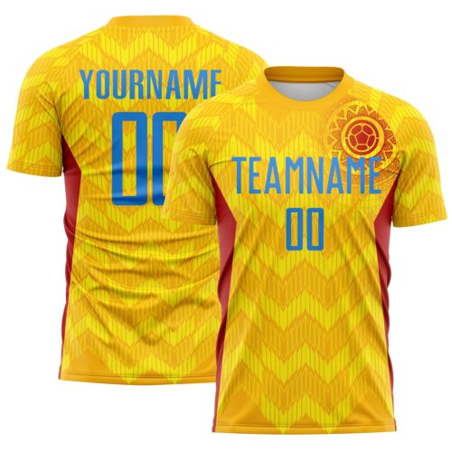 Custom Gold Powder Blue Red-Light Yellow Colombia Zigzag Pattern Sublimation Soccer Uniform Jersey