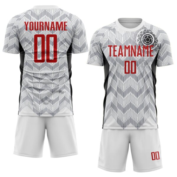 Custom White Red Gray-Black Colombia Zigzag Pattern Sublimation Soccer Uniform Jersey