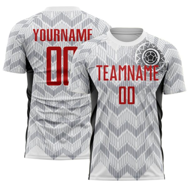 Custom White Red Gray-Black Colombia Zigzag Pattern Sublimation Soccer Uniform Jersey