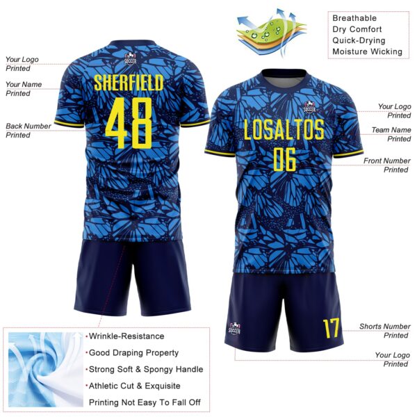Custom Navy Light Yellow-Blue Colombia Butterfly Wings Pattern Sublimation Soccer Uniform Jersey