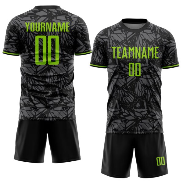 Custom Black Neon Green-Steel Gray Colombia Butterfly Wings Pattern Sublimation Soccer Uniform Jersey