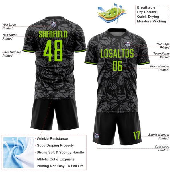 Custom Black Neon Green-Steel Gray Colombia Butterfly Wings Pattern Sublimation Soccer Uniform Jersey