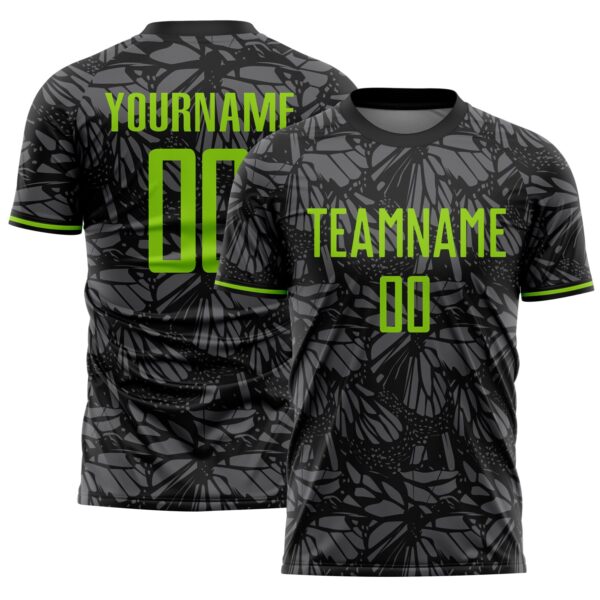 Custom Black Neon Green-Steel Gray Colombia Butterfly Wings Pattern Sublimation Soccer Uniform Jersey