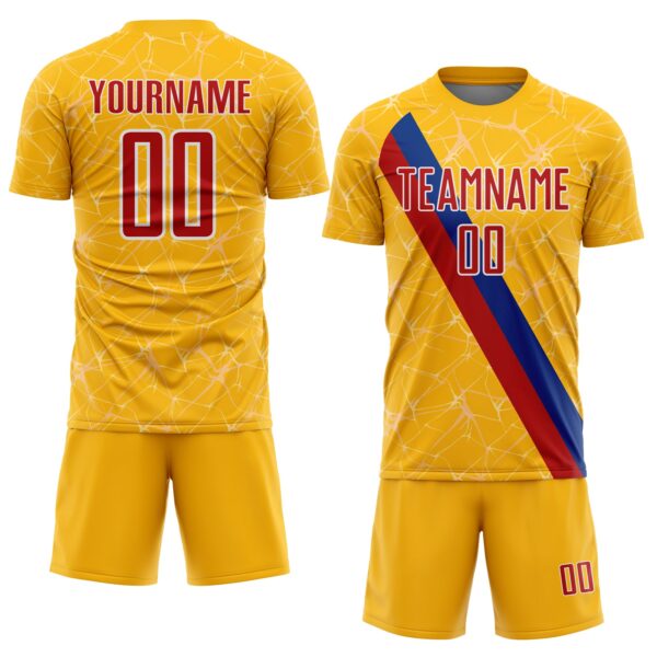 Custom Gold Red Blue-White Colombia Network Pattern Diagonal Stripe Sublimation Soccer Uniform Jersey