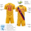 Custom Gold Red Blue-White Colombia Network Pattern Diagonal Stripe Sublimation Soccer Uniform Jersey