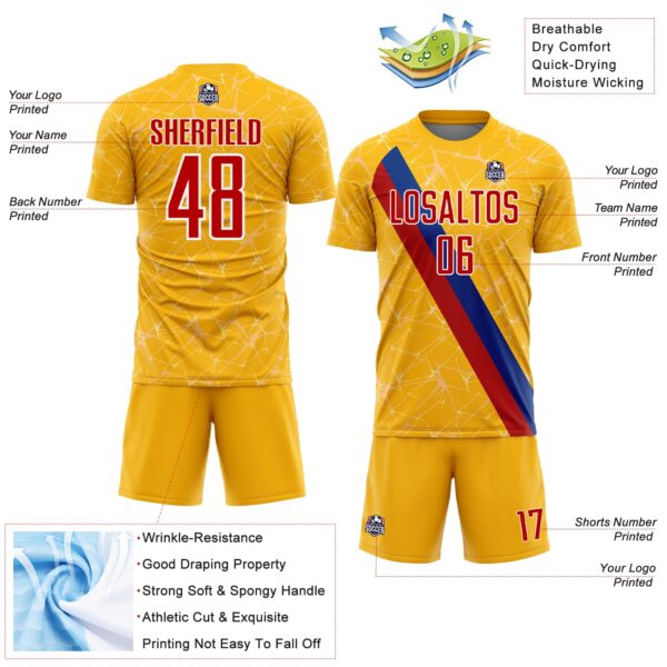 Custom Gold Red Blue-White Colombia Network Pattern Diagonal Stripe Sublimation Soccer Uniform Jersey